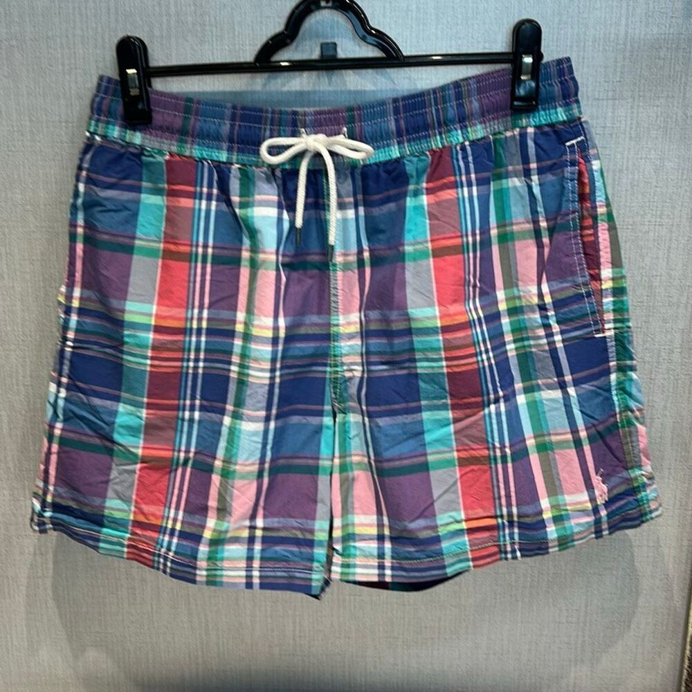 Polo Ralph Lauren Mens Plaid Swim Shorts Trunks Blue Pink Green Sz Large Elastic
